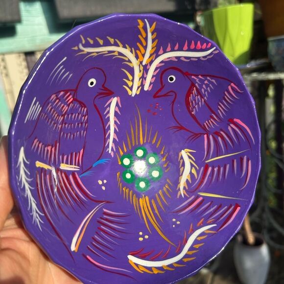 Talavera Mexican Pottery Salsa Bowl Footed Hand Painted Trinket Red Purple Birds - Picture 1 of 16